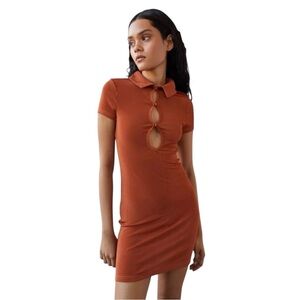Urban Outfitters Rust Orange Ribbed Cutout Bodycon Mini Dress Collared Size L